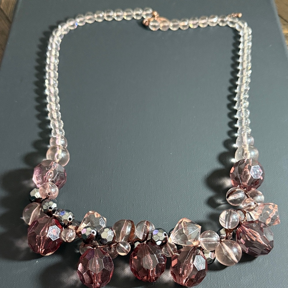 Vintage Signed Mark Crackle Lucite Glass Facet Necklace 19” Adjustable Statement